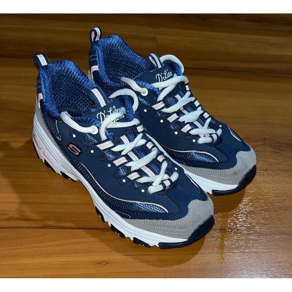 Womens Skechers D'Lites Blue Pink Chunky Lace Up Sneakers Shoes